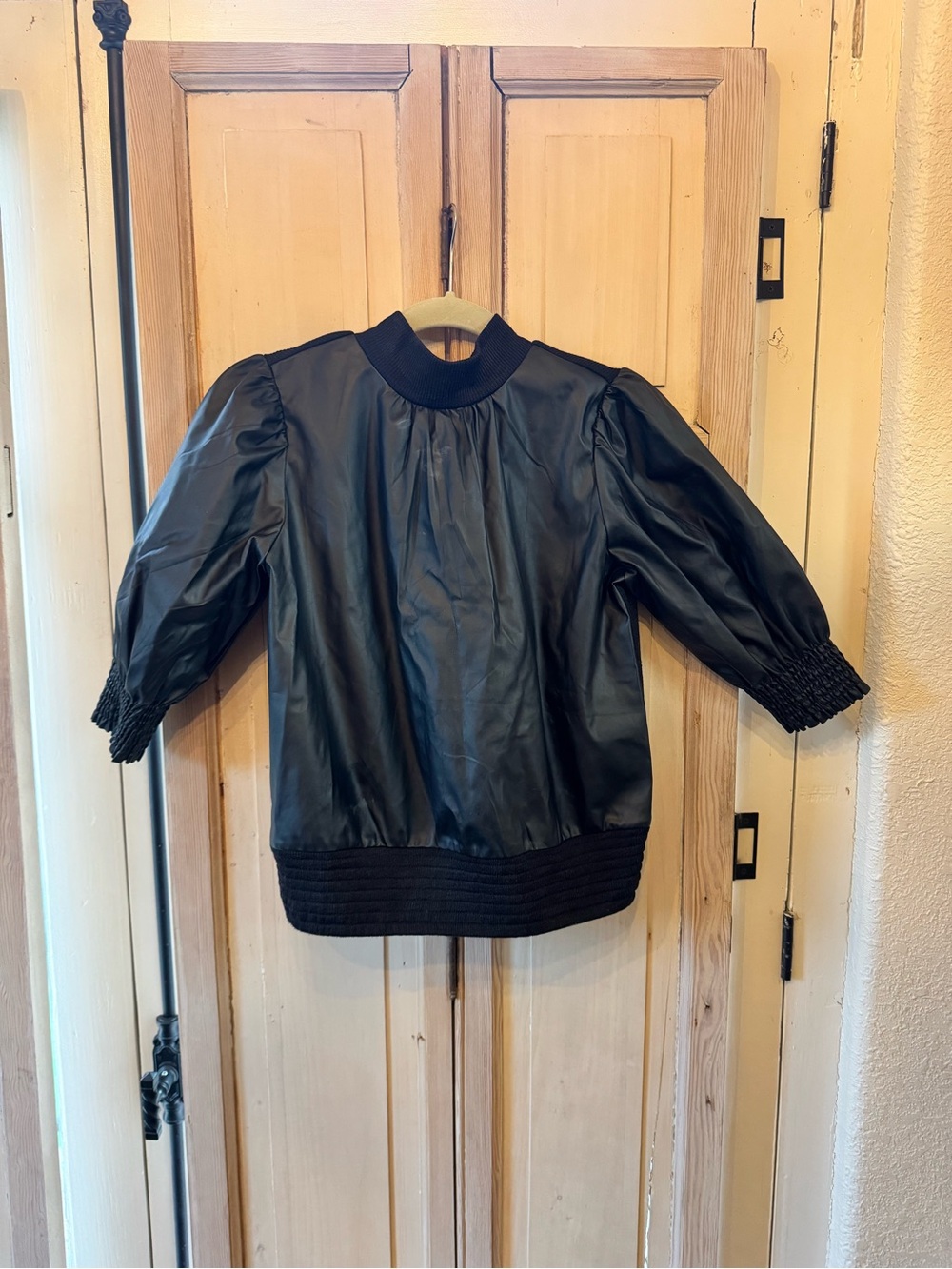 THML Black Puff-Sleeve Leather Jacket